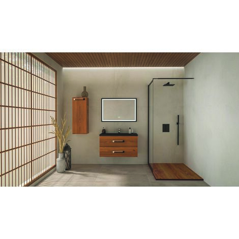 Ondee – Meuble de salle de bain à suspendre 90 cm – Bois miel – Plan résine noir mat 1 vasque – 2 tiroirs fermeture progressive – Miroir éclairant