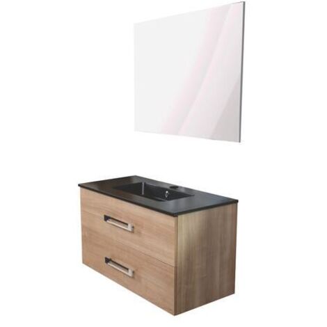 Ondee – Meuble de salle de bain à suspendre 90cm – Bois mélaminé miel – 2 tiroirs à fermeture progressive – Miroir 90x70cm inclus