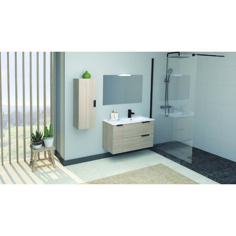 Ondee – Meuble de salle de bain à suspendre 90cm – Chêne clair mélaminé – 2 tiroirs avec fermeture progressive – Plan vasque céramique extra-plat 20mm