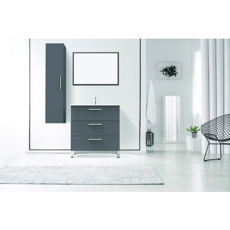 Ondee – Meuble double vasque à poser 80cm – Plan vasque céramique extra-plat – 3 tiroirs à fermeture progressive – Finition gris mélaminé – H88 x L81 x P46,5 cm