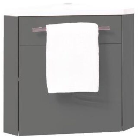 Ondee – Meuble lave-mains d'angle suspendu 40 cm – Finition gris laqué – Porte réversible avec fermeture progressive – Étagère intérieure réglable