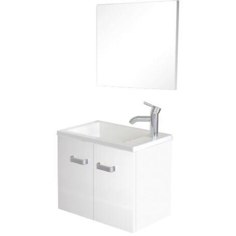 Ondee – Meuble lave-mains suspendu 50,5 cm – Miroir assorti – Laqué blanc brillant – 2 portes – Caisson en panneaux mélaminés