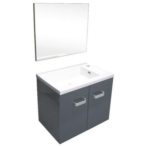 Ondee – Meuble lave-mains suspendu gris laqué – Dimensions L50,5 x H42,7 x P33,5 cm – 2 portes – Miroir inclus pour salle de bain moderne