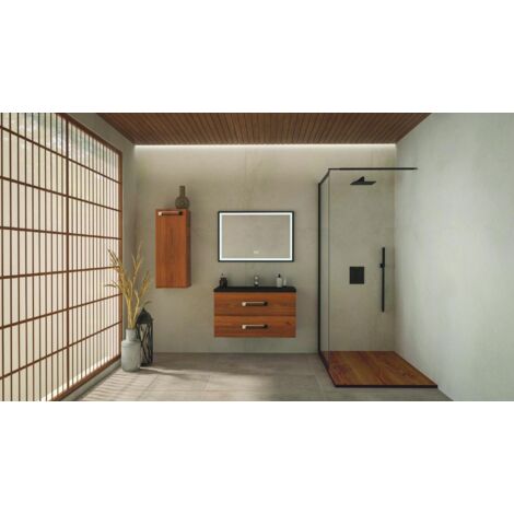 ONDEE - Mueble de baño colgante LENCA - 90 cm - Madera color miel - Espejo SELENA