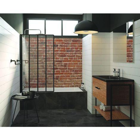 Ondee – Pare-baignoire VERIA 80x140cm – Verre trempé 5mm avec traitement anticalcaire – Profilé en aluminium noir – Pivotant 180°