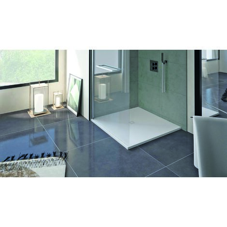 Ondee – Receveur de douche à poser 100x100x3cm – Résine blanche antidérapante – Découpable avec bonde – Texture imitation pierre