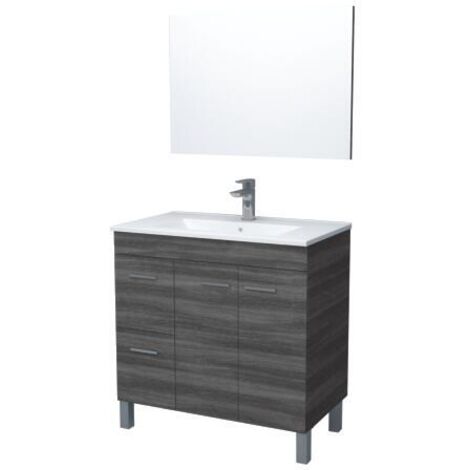 Abitare – Meuble bas de salle de bain 80 cm gris cendré avec miroir – 2 tiroirs – Panneaux mélaminés 15 mm – Poids max 30 kg