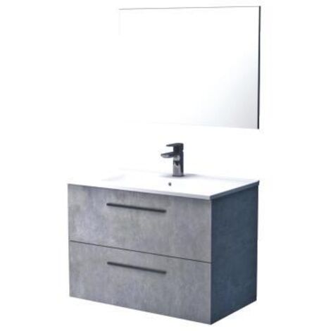 Idroweb – Meuble de salle de bain suspendu 80 cm ciment – 2 tiroirs avec fermeture progressive – Miroir assorti – Panneau mélaminé résistant