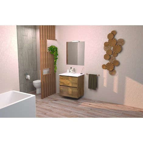 ONDEE ZEN - Meuble de Salle de Bain BELIS - A suspendre - Miroir Suspendu - 60cm - Bois