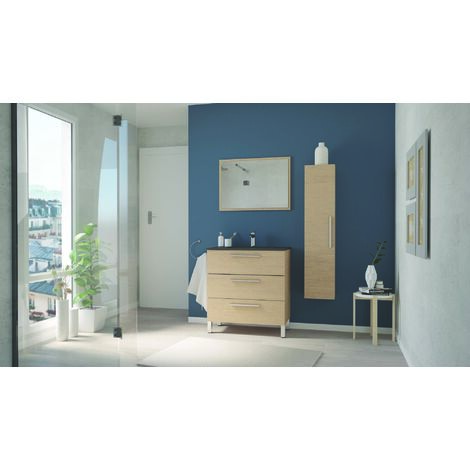 ONDEE ZEN - Meuble salle de bain à poser PALLAS - 80cm - Chêne clair - Plan vasque noir