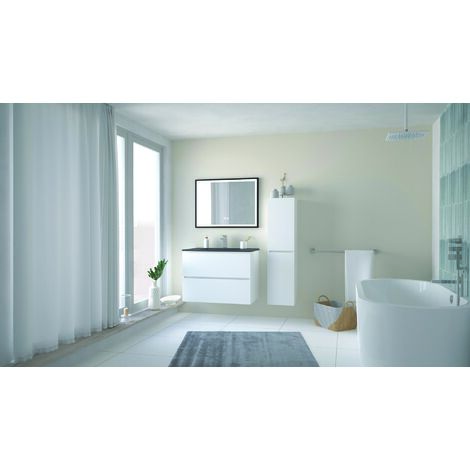 ONDEE ZEN - Meuble salle de bain TRENDY - 80 cm - Blanc mat - 2 Tiroirs - Plan noir + miroir SELENA