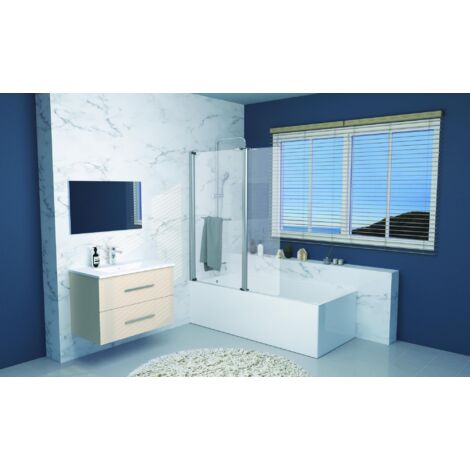 Ondee – Pare-baignoire 2 volets en verre trempé transparent – Dimensions L120 x H140 cm – Installation réversible – Profilé en aluminium chromé