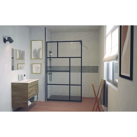 ONDEE ZEN - Paroi de douche FABRILIA - Verre trempé 8mm - Finition Noir mat - 120x200cm