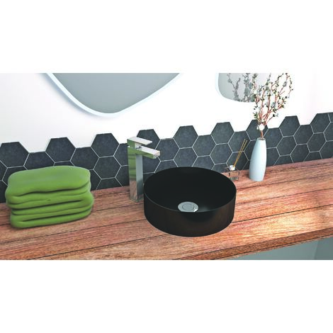 ONDEE ZEN - Vasque ronde à poser BLAKA - Noir - 39,5cm - Céramique - Sans trop plein