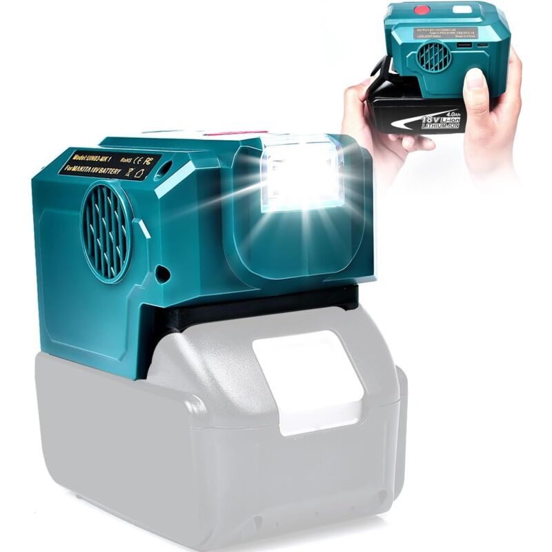 Coocheer - Onduleur 200 w pour batterie Makita 18 v, avec sortie ca et USB/Type c, lumière led 200 lumens, 18 v dc à 120 v ac pour extérieur, garage,