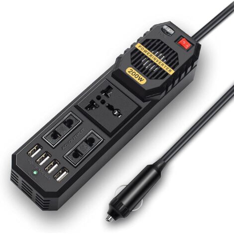 Onduleur 200W, convertisseur de Voiture DC 12V à AC 220V avec 2 Prises de Chargeur et 4 Ports USB Adaptateur de Prise Allume-Cigare