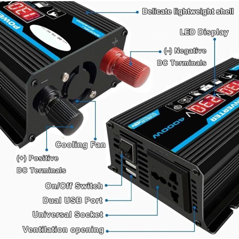 Onduleur 4000w 12v à 220v / 110v LED Car Power Inverter Converter Chargeur Adaptateur Dual USB Voltage Transformer Onde sinusoïdale modifiée 12V-220V