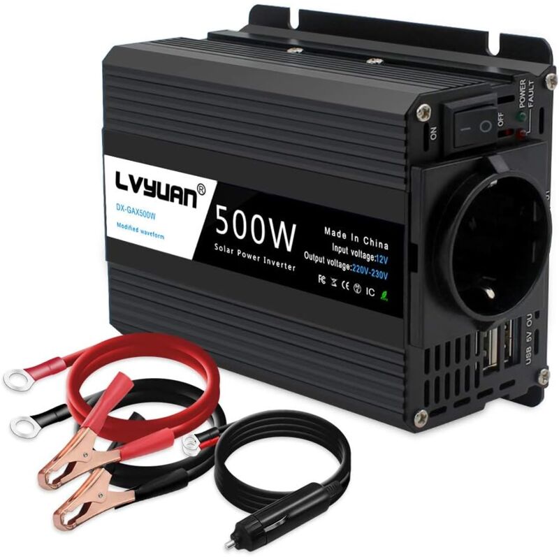 Onduleur 500W DC 12V à 230V convertisseur de tension ca convertisseur de voiture 12V avec deux Ports USB et prises EU adaptateur de chargeur de
