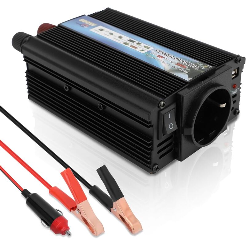 Onduleur de puissance 12V 500W, convertisseur DC à AC en alliage d'aluminium, haute efficacité, pour voiture, usage domestique, prise ue 220V