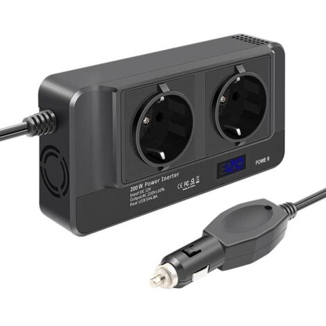 Onduleur de Voiture 200W, Convertisseur de Tension 12V à 220V avec Affichage Intelligent de L'Heure LCD, 2 Prises et 4 Chargeurs de