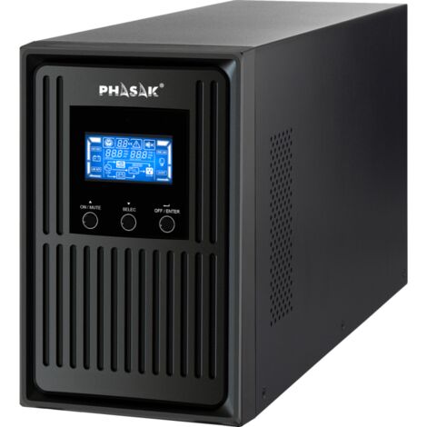 Onduleur en ligne, brand Phasak, modèle PH 8010 de 1000 VA, idéal pour les équipements critiques de faible consommation, avec double conversion, onde sinusoïdale pure, mode ECO, gestion SNMP et LCD.