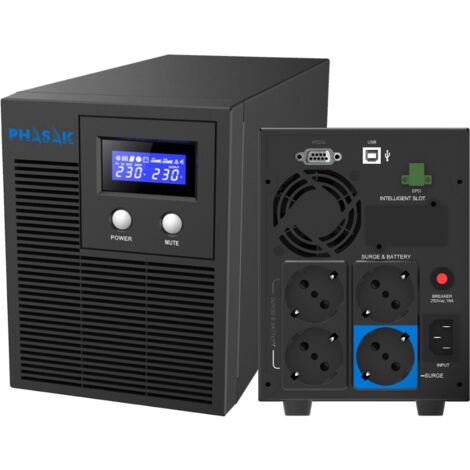 Onduleur interactif PHASAK Protekt Tower 2160 VA Model PH 7621, protection avancée pour les équipements sensibles, protection contre les surtensions, onde sinusoïdale pure, compatibilité avec les géné