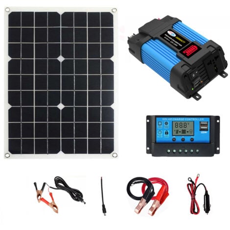 Onduleur sinusoïdal modifié 500 W, convertisseur DC 12 V vers AC 220 V. Avec panneau solaire 18 W et contrôleur de charge 30 A, compatible pour ordinateurs portables