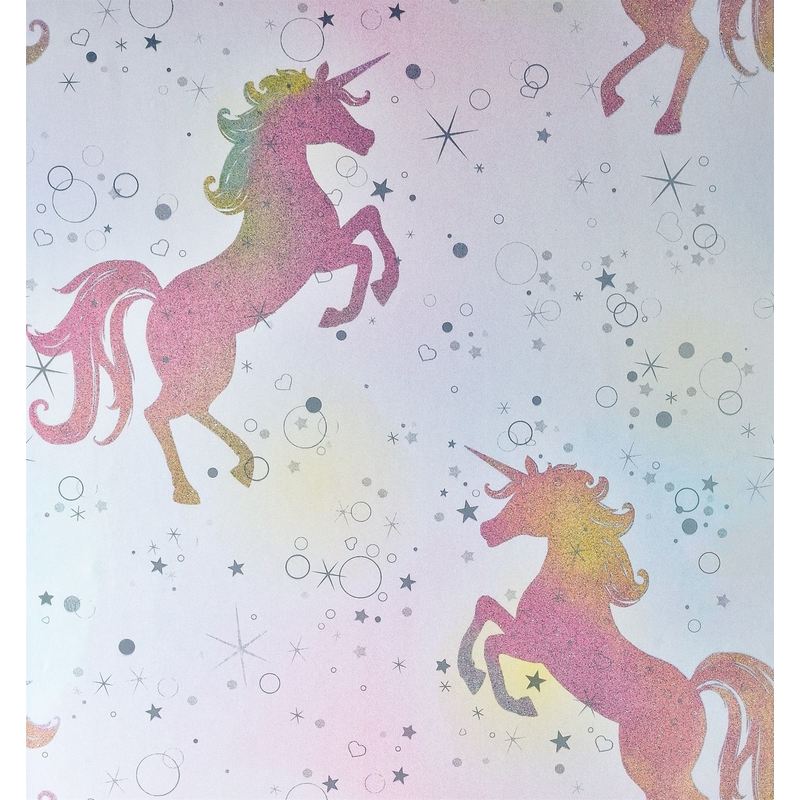 Girls Pink Purple Unicorn Theme Silver Glitter Vinyl Wallpaper Metallic Effect