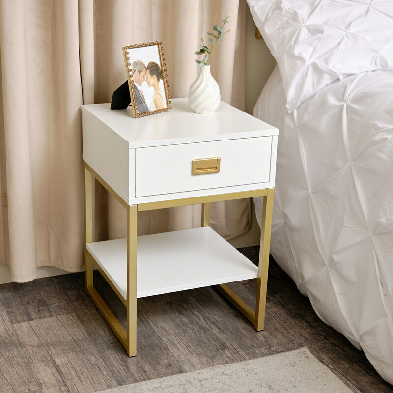One Drawer Bedside Table - Elle White Range - White, gold