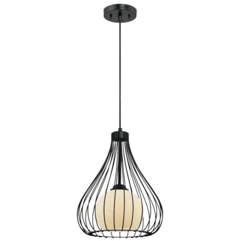 One-Light Pendant Black metal cage and frosted glass