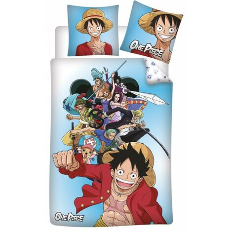 One Piece - Parure de lit Enfant Manga Luffy - Housse de Couette 140x200 cm Taie 63x63 cm - Bleu