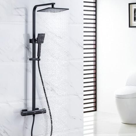 ONECE Columna Ducha Negro con Grifo Termostática 40℃, Conjunto de Ducha con Barra Altura Ajustable 79-120cm, Sistema de ducha con 9 Pulgadas Ducha de Cuadrado, Set Ducha Para Baños de Diseño Elegante