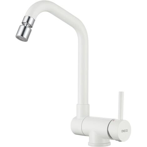 ONECE Grifo Cocina Blanco Abatible con 2 Modos, Grifo Plegable para Fregadero con Rociador de Caño Giratorio, Mezclador para Ventana Frontal Giratorio a 360°, Acero Inoxidable, Aireador Extraíble