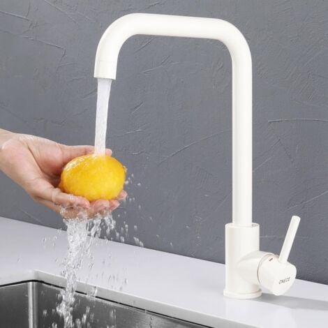 ONECE Grifo de Cocina Blanco con Giratoria 360 °, Salida de Agua Alta, Grifos para Fregadero con Ángulo de Caño de Agua Cómodo, Mezclador Monomando Acero Inoxidable 304, Aireador Extraíble