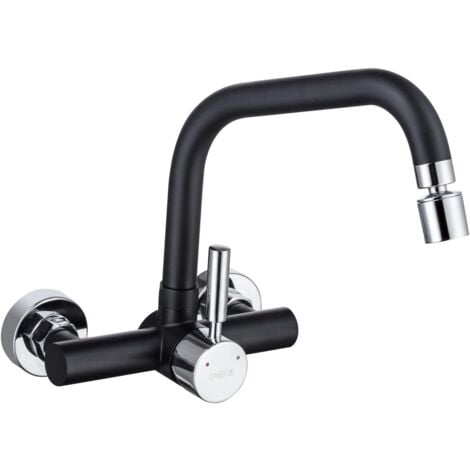 ONECE Grifo de Cocina Negro en la Pared con 2 Modos, Mezclador de Fregadero con Rociador de Caño Giratorio, Grifo Monomando con Salida de Agua Alta Giratorio de 360°, Diseño Anti-Escaldado, Sin Plomo