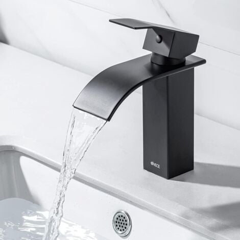 ONECE Cascada Negro, Grifo de Lavabo Negro, Grifos Mezclador de Baño de Latón Monomando, Grifo de Baño de Diseño Elegante, Función Frío y Caliente