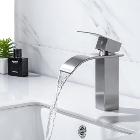 ONECE Grifo Lavabo Cascada Negro, Grifo de Lavabo Negro, Grifos Mezclador de Baño de Latón Monomando, Grifo de Baño de Diseño Elegante, Función Frío y Caliente