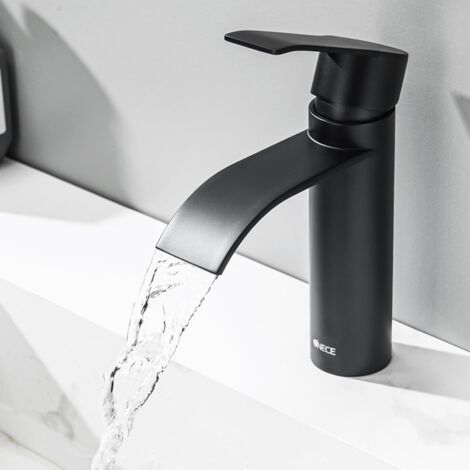 ONECE Grifo Lavabo Negro, Grifo de Lavabo Cascada, Mezclador para Lavabo dal Design Unico, Grifos Baño Monomando de Acero Inoxidable 304, Función Frío y Caliente, Válvula de Cerámica