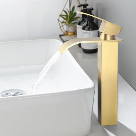 ONECE Waschtischarmatur Gebürsteter Gold, Wasserhahn Bad Waschbecken Armatur Wasserfall Badarmatur, Edestahl Wassserfallarmatur Mischbatterie für Badezimmer