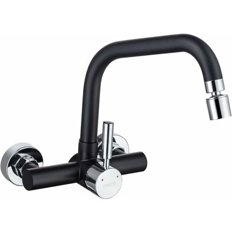 ONECE Robinet de Cuisine Mural Noir 2 Jets d'eau, Mitigeur d'évier Cuisine en Acier Inoxydable 304, Robinet Cuisine avec Bec Rotatif, Mitigeur Noir Encastré Monocommande Pivotant à 360°