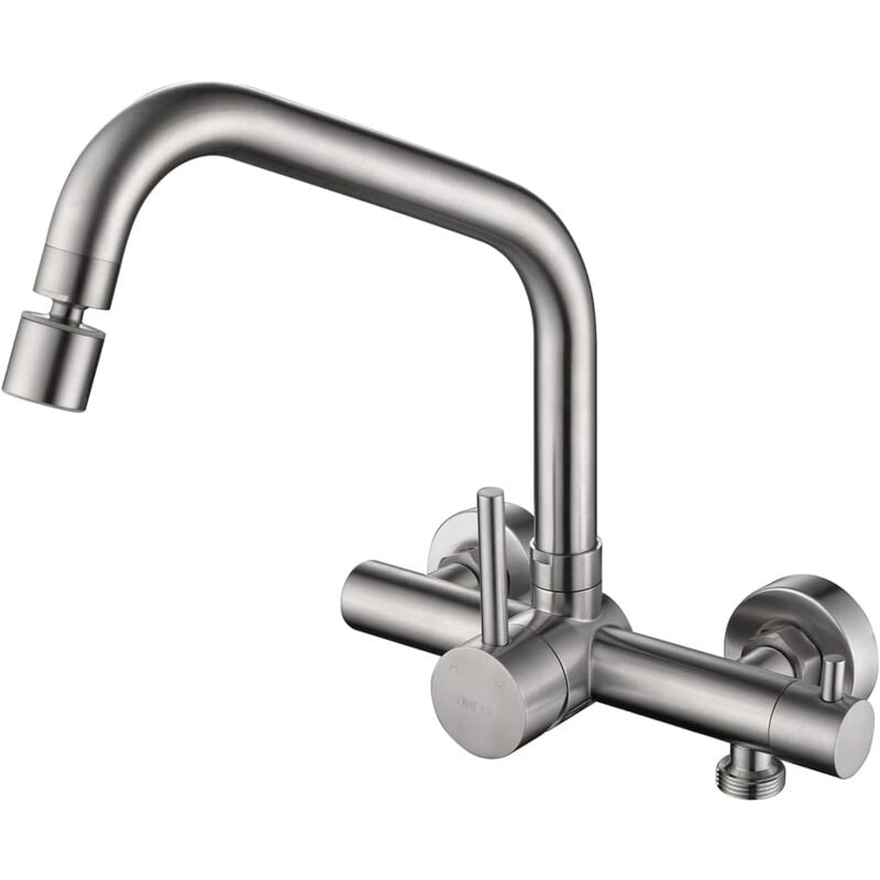 Robinet Mural de Cuisine avec Interface 3/4 au Lave-vaisselle, Mitigeur Evier 2 Jets d'eau, Robinet avec Bec Rotatif, Mitigeur Mural Encastré