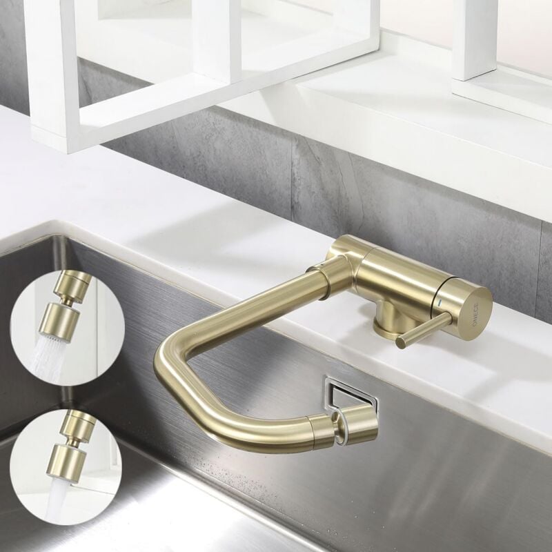 Onece - Robinet de Cuisine Rabattable Doré avec Tête de Pulvérisation Rotative, Mitigeur Evier 2 Jets, Robinet Or devant Fenêtre Pivotant à 360° pour