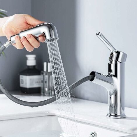 ONECE Robinet de Lavabo en Laiton avec Douchette Extractible, Mitigeur Salle de Bains avec 2 Modes D'écoulement aux Choix, Robinettrie Lave-mains Aérateur Démontable, Cartouche en Céramique, Chromé