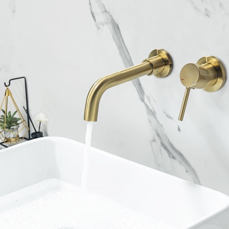 Onece - Robinet Doré de Lavabo Mural, Mitigeur Mural en Laiton Haut de Qualité, Robinet Salle de Bains Encastré, Robinet Froid et Chaud Rotation à