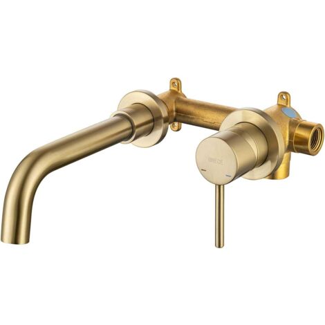 ONECE Rubinetto per Lavabo a Muro, Rubinetto Bagno Lavabo a Parete, Miscelatore Monocomando in Ottone per Bagno, Rubinetti Lavello Girevole 360°, Rubinetto Bagno Incorporato, Aeratore Rimovibile, Oro