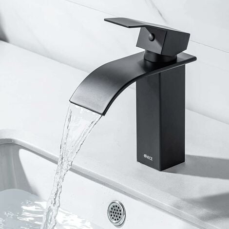 ONECE Schwarz Wasserhahn Bad Wasserfall Armatur Waschbecken Mischbatterie Waschtischarmatur Einhebelmischer Badarmatur Wasserfallhahn für Badezimmer