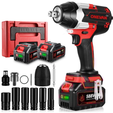 ONEVAN 1800Nm Clé à Chocs Sans Fil Brushless,3 vitesses,1/2 " Boulonneuse a Choc avec 2x588VF Batterie , Boîte avc 12pcs Accessoires - rouge