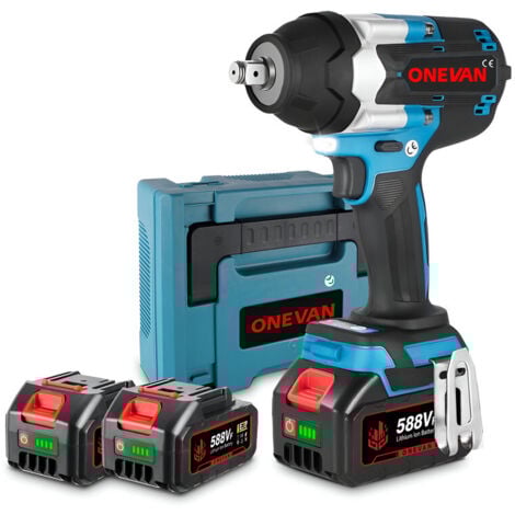 ONEVAN Clé à Chocs sans fil Brushless 1800 Nm,3 vitesses,1/2 " Boulonneuse a Choc avec 2x588VF Batterie - coffret de transport - bleu