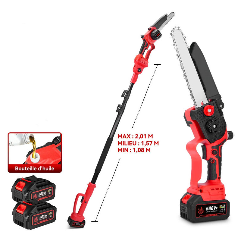 Lagueuse sur Perche sans Fil, Mini Tronçonneuse à Batterie 8 Pouces Brushless, Perche Élagueuse Électrique 2 en 1, perche télescopique 2m, pour