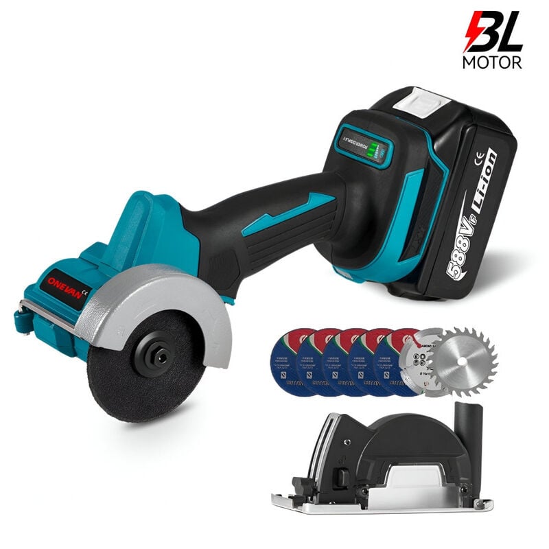 Meuleuse multi-matériaux Onevan 76mm,Disqueuse avec Capot de protection ,Avec 7 lames de scie et deux batteries